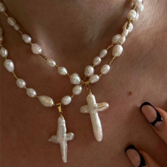 Jewelry - Delicate Baroque Pearl Cross Necklace for Women Shell Necklace Retro